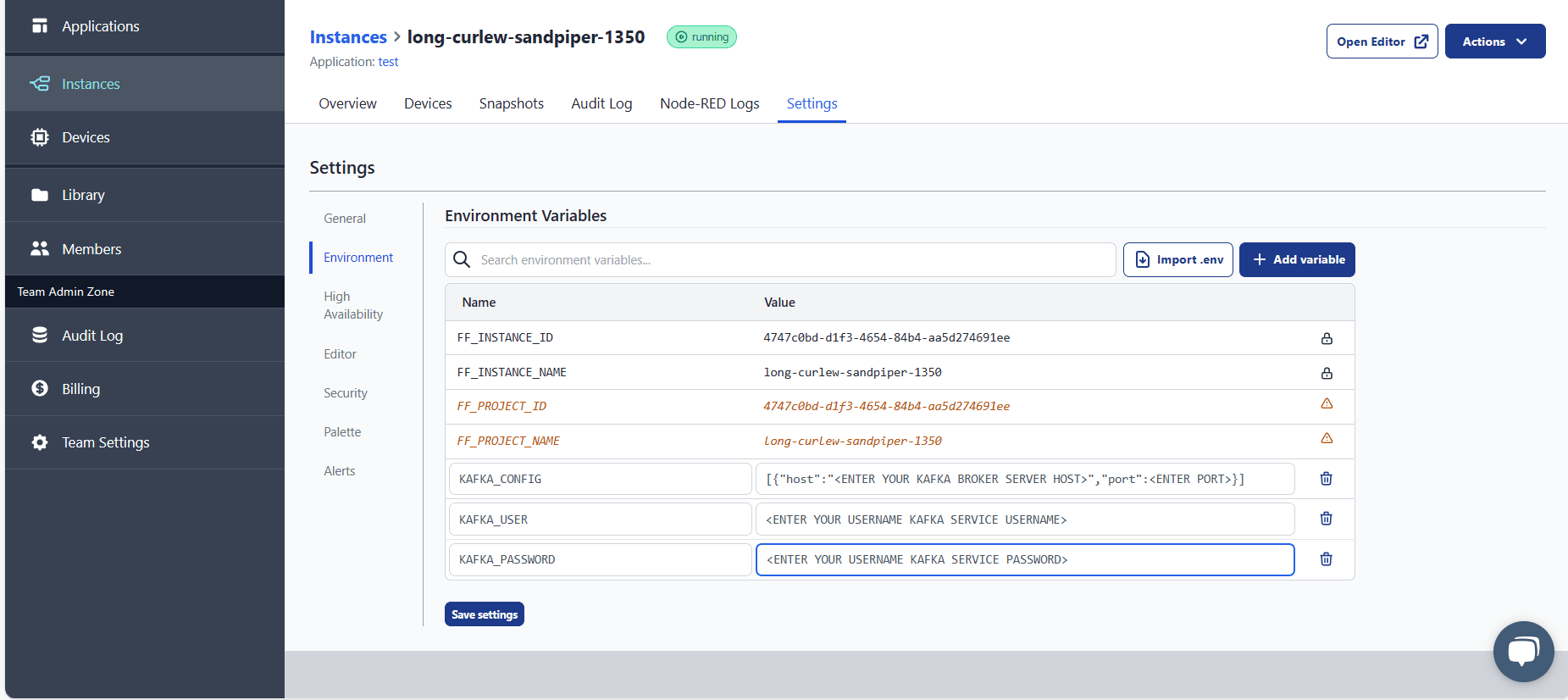 Screenshot showing adding environment variable in Node-RED "Screenshot showing adding environment variable in Node-RED"